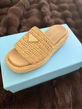 Prada Tan Raffia Slide Sandals - Women